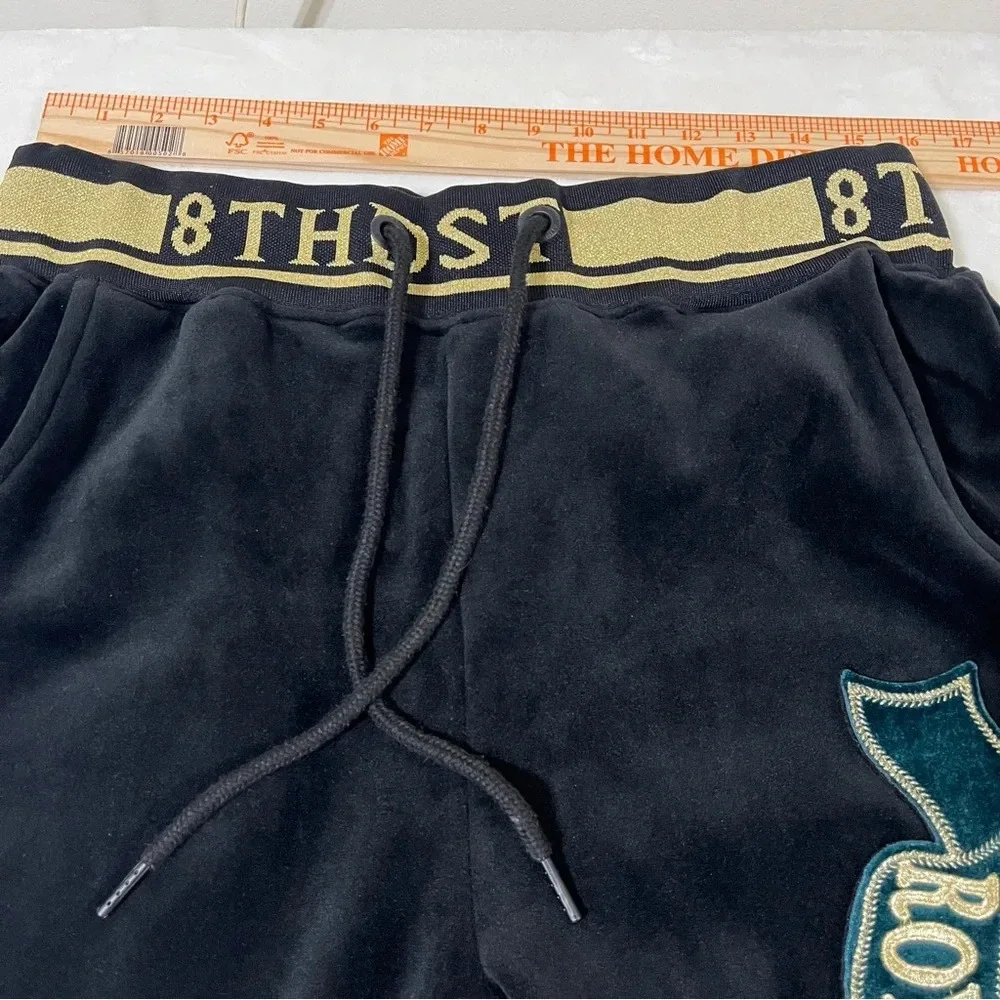 8IGHTH DSTRKT Men’s Black Velour Joggers XL Gold Trim Streetwear Athleisure